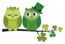 Cute Green Owls Sitting On Shamrock Branch. Vector St. Patrick Owls