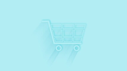 Fototapete - Animated shopping cart icon with shadow on blue background. Neumorphism minimal style. Transparent background. 4K video motion graphic animation.