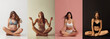 © master1305 - Collage of young beautiful women in lingerie sitting on floor isolated over colored studio background. Natural beauty concept.