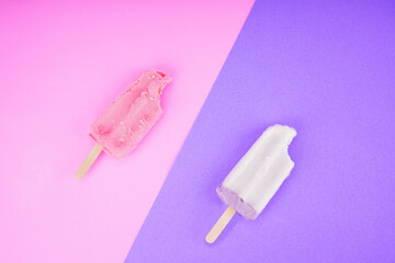 Wall Mural - Collection of taro and strawberry flavored ice creams on a purple, pink background.