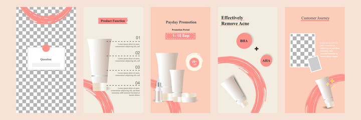 Minimal modern fashion and beauty social media story or stories banner collection kit in pink color. Including sale, product display, tips template layout design with brush line elements