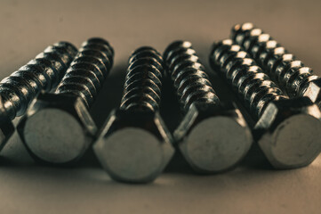 Wall Mural - High angle shot of hexagonal long bolt nut screws