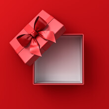 Blank Red Gift Box With Red Ribbon And Bow Or Top View Of Open Red Present Box Isolated On Red Background With Shadow Minimal Conceptual 3D Rendering