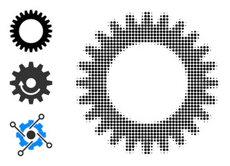 Wall Mural - Halftone cogwheel. Dotted cogwheel generated with small circle dots. Vector illustration of cogwheel icon on a white background. Halftone pattern contains circle dots.