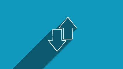 Poster - White line exchange arrow transfer icon with shadow isolated on blue background. Shadow reflection design. 4K video motion graphic animation.