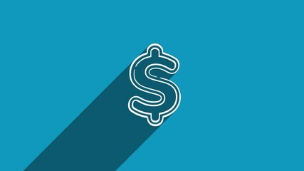 Poster - White line dollar symbol icon with shadow isolated on blue background. Shadow reflection design. 4K video motion graphic animation.