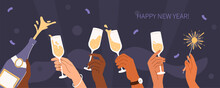 Different People Hands Holding Bottle With Champagne, Wine Glasses And Bengal Lights. Characters Celebrating Winter Holidays. Christmas Or New Year Party Concept. Flat Cartoon Vector Illustration.