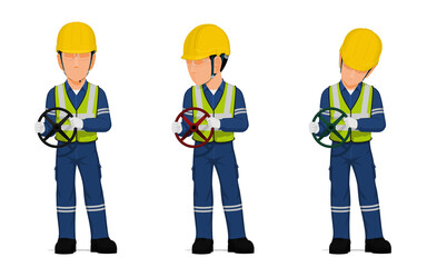 set of worker is holding hand wheel on white background