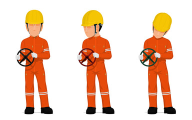 Wall Mural - set of worker is holding hand wheel on white background