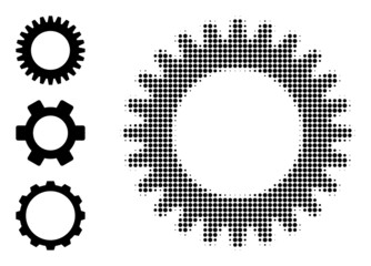 Wall Mural - Halftone cogwheel. Dotted cogwheel designed with small spheric elements. Vector illustration of cogwheel icon on a white background. Halftone array contains circle elements.