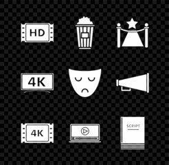 Wall Mural - Set 4k movie, tape, frame, Popcorn in cardboard box, Carpet with barriers and star, Online play video, Scenario, and Drama theatrical mask icon. Vector