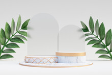Cosmetic Display Product Stand, White Marble Gold Podium With Glass Wall And Green Leaf Plant On Light Background. 3D Rendering Illustration