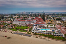 Hotel Del Coronado With San Diego Skyline, Aerial Medium Shot