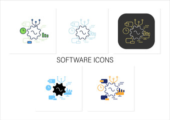 Software icons set. Agile software development. Creating special modern technologies. Digital transformation concept.Collection of icons in linear, filled, color styles.Isolated vector illustrations