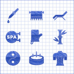 Wall Mural - Set Sauna mittens, Swimming pool with ladder, Massage, Bamboo, Yin Yang, Spa salon, Sunbed and umbrella and Pipette icon. Vector