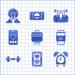 Sticker - Set Cooking pot, Medical clipboard, Alarm clock, Coffee cup to go, Dumbbell, Mobile with heart rate, Bench barbel and Meditation icon. Vector