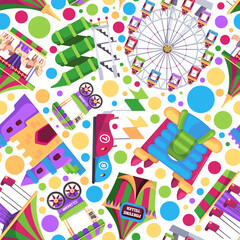 Poster - Amusement pattern. Carousel festive attractions for kids wheels roller cotton and sweets garish vector seamless background for textile design projects