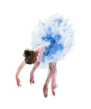 Watercolor Isolated Dancing Ballerina, Cute Girl. Hand Drawn Classic Ballet Performance. Painting Young Dancer In Blue Dress.