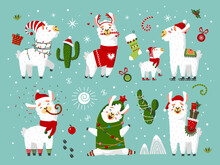 Christmas Cartoon Alpaca. Cute Xmas Llama, Animals Wear Scarf And Santa Hat. Holiday Lama With Gifts, Garlands On Cactus Classy Vector Festive Elements