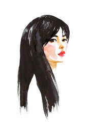 Wall Mural - Watercolor young beatiful Asian woman. Hand drawn fashion portrait, side view. Painting illustration on white background.