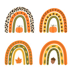 Wall Mural - Set rainbows. Fall rainbow with pumpkin, acorn, maple leaf. Vector autumn illustration. Good for posters, t shirts, postcards.