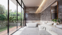Modern Luxury Bathroom With Tropical Style Garden View 3d Render,There Are Marble Floor And Wall And Copper Frame Mirror,Rooms Have Large Windows, Overlook Nature View.