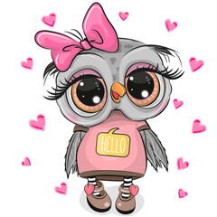 Sticker - Cartoon Owl with hearts and pink bow