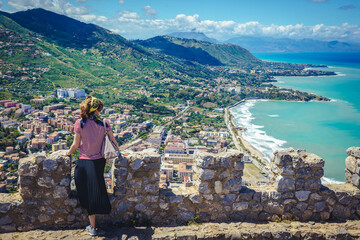 Wall Mural - Ruins of castle walls on La Rocca mountain in Cefalu on Sicily Island, Italy