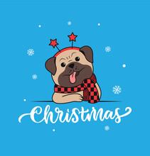 The Hand-drawn Text And Funny Pug With Snow. The Lettering Phrase Christmas With Puppy. The Head Dog Is Good For Christmas Cards. Vector Illustration