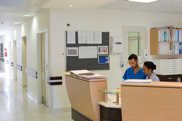 Wall Mural - Nurse and doctor talking in hospital reception