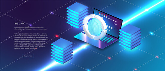 Security Data Protection concept on blue laptop. Isometric digital protection mechanism, Information technology. Digital lock. Data management. Cyber security and information or network protection. 