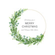 Modern spruce Christmas wreath with eucalyptus branches, thuja and mistletoe berries. Isolated on a white background. For festive decoration of cards, invitations, posters, banners, social media posts