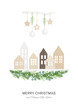 Christmas greeting card in Scandinavian style. Scandinavian wooden houses, a tree branch with hanging stars and toys, a garland of evergreens. Modern Scandinavian Christmas.