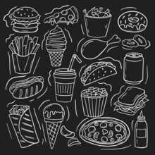 Set Of Fast Food Doodle. Burger, Hot Dog, Sausage, Onion, Donut, Drinks, Fries And Pizza In Sketch Style. Hand Drawn Vector Illustration Isolated On Black Background.