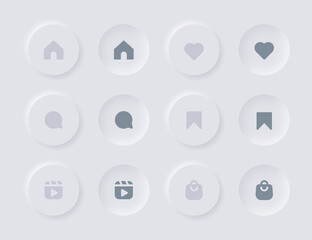 Aufkleber - neumorphism buttons - like comment save notification icon reaction with home shop reels icon neumorphic button for apps and website ui ux design interface