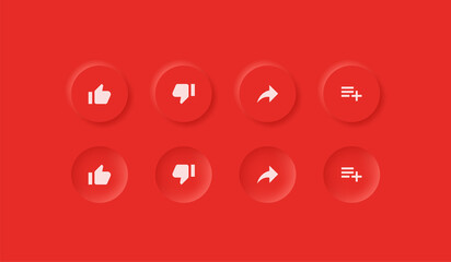 Aufkleber - like dislike share save icon - thumbs up and down with white neumorphism buttons  youtube icons in circle red neumorphic button- notification reaction icons for apps and website ui ux design interface
