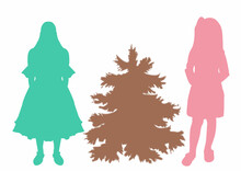 Silhouette Of A Girl (girls, Women) In Evening Dress And A Christmas Tree. Flat Style. Vector Image Isolated. Great Design For Any Purpose. Vector Graphics. Design Element.