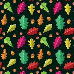 Wall Mural - Colorful Oak leaves seamless pattern with acorn and chestnuts on black background. Great for wallpaper, home décor ,textile, website background and greeting cards. 