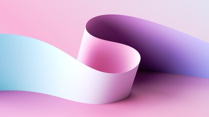 Wall Mural - 3d render. Abstract minimal pastel pink background with folded paper scroll, curvy ribbon edge