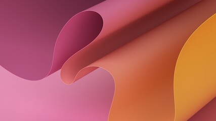 Wall Mural - 3d render, abstract minimal background with paper waves, modern wallpaper with yellow pink gradient, wavy folds