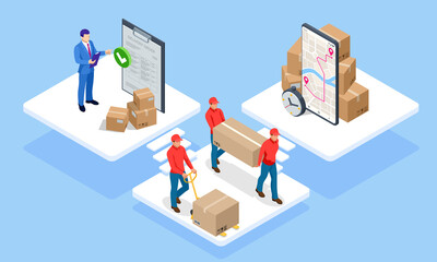 Wall Mural - Global logistics network isometric illustration. Isometric Logistics and Delivery concept. Delivery home and office. City logistics. Warehouse, truck, forklift, courier. On-time delivery