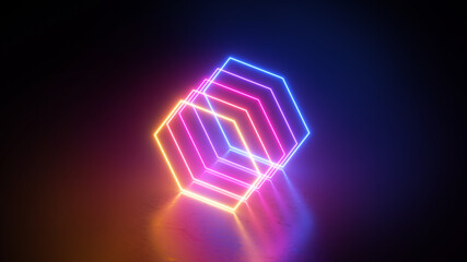 Wall Mural - 3d render, abstract geometric background with neon hexagonal shapes, colorful glowing lines