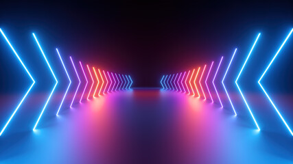Wall Mural - 3d render, abstract geometric background with neon glowing arrows, forward direction concept
