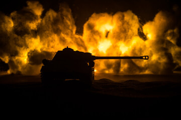 War Concept. Military silhouettes fighting scene on war fog sky background, World War Soldiers Silhouette Below Cloudy Skyline At night. Battle in ruined city.