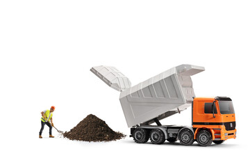 Wall Mural - Dump truck and a construction worker digging sand with a shovel