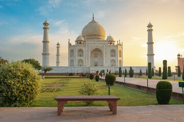 Fototapete - Taj Mahal Agra with moody sunrise sky. A UNESCO World Heritage site at Agra India	