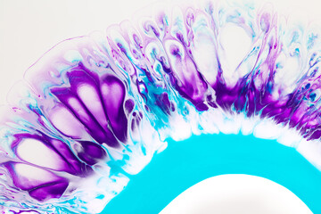 Wall Mural - Fluid art texture. Background with abstract mixing paint effect. Liquid acrylic picture with flows and splashes. Mixed paints for interior poster. Turquoise, purple and white overflowing colors.