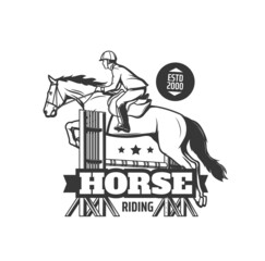 Wall Mural - Horse riding school icon. Equestrian club, horse race competition or show jumping event monochrome vector emblem or symbol with jockey on stallion horse racing and jumping over obstacle