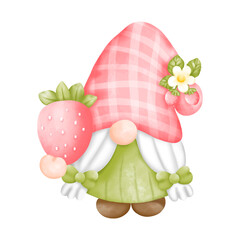 Wall Mural - Digital paint watercolor strawberry gnomes isolated on white background. Cute gnome spring season greeting card. 