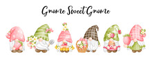 Digital Painting Watercolor Strawberry Gnomes, Hello Spring Greetings Card. Gnome Sweet Gnome